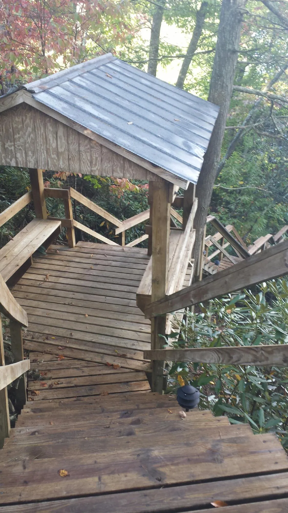 Metal roofed shelter over wooden steps on a wooded walkway — Skylight Repair & Installation work by our crew in Denton